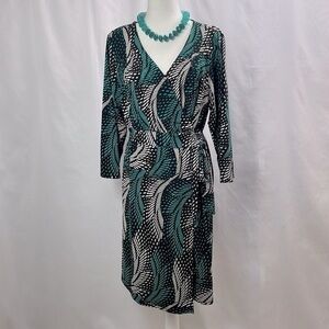 Lane Bryant Green and Black Print Wrap Around,  Long Sleeve Dress, Size 14/16